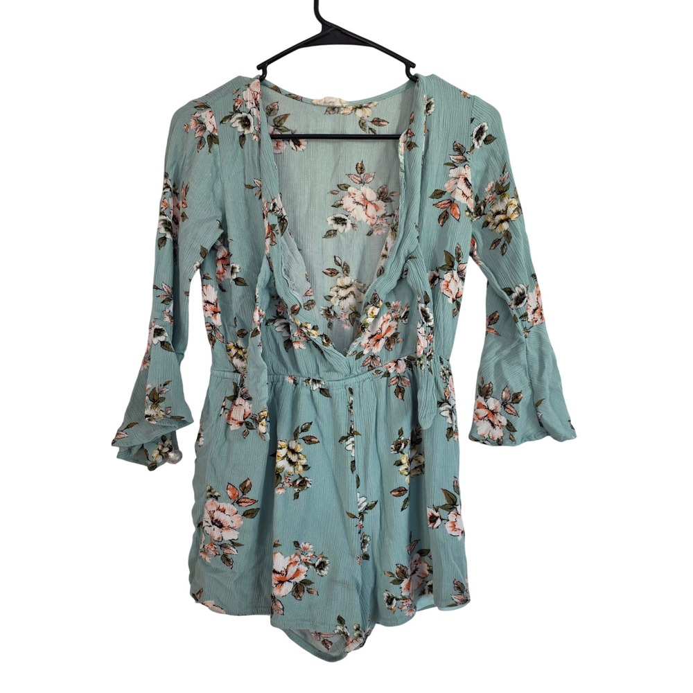 E&M‎ Floral Bell Sleeve Tie Front Romper Sage Green Small